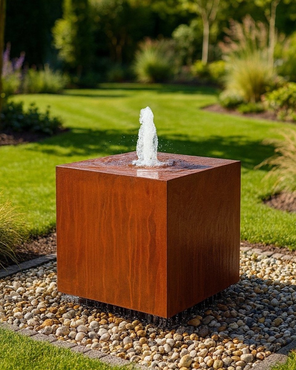 Cortenstahl Würfel 80 mit Fontäne Schwebeoptik Edelrost Gartenbrunnen Springbrunnen
