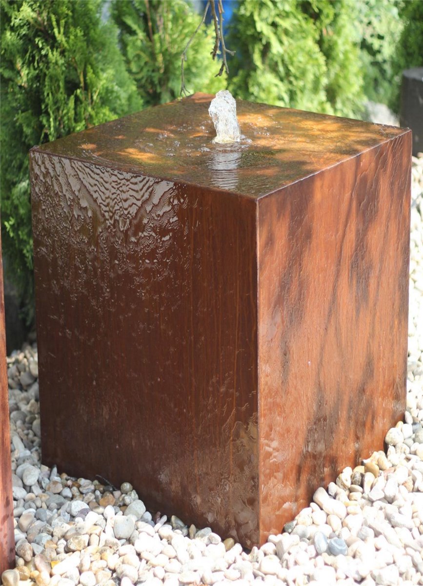 Cortenstahl Quader 100cm Edelrost Gartenbrunnen Springbrunnen Komplettset