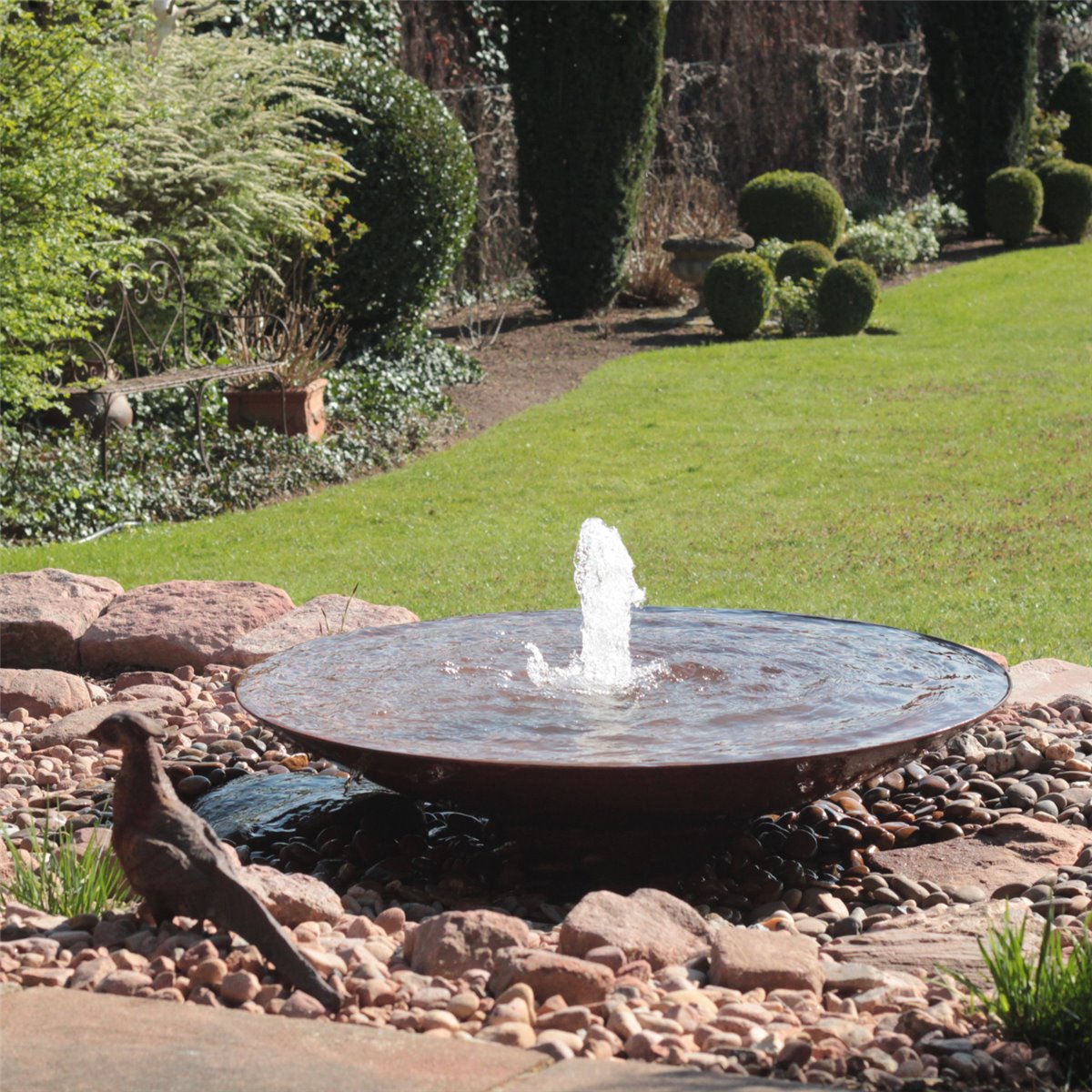 Cortenstahl Wasserschale 120 mit Fontäne Edelrost Springbrunnen Komplettset