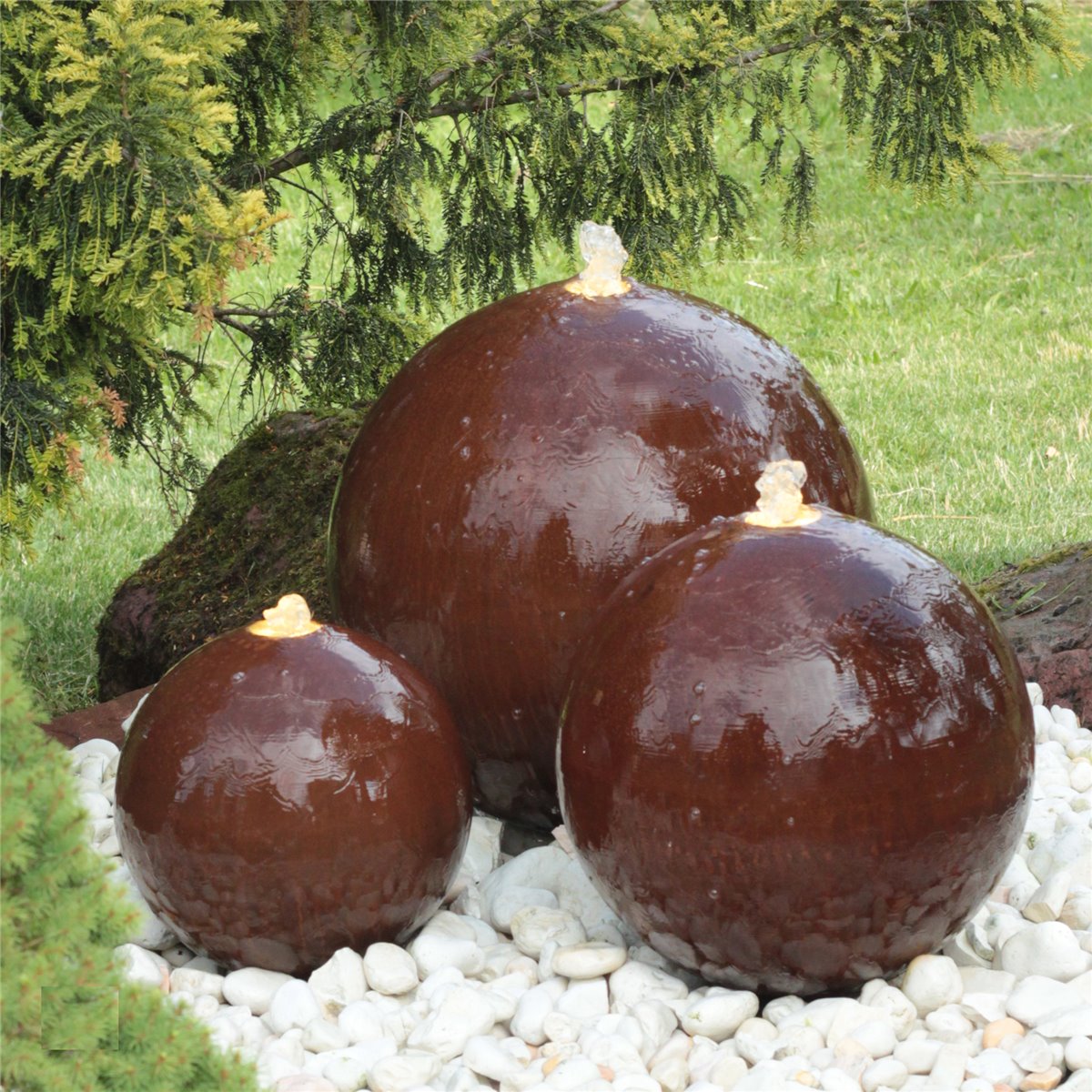 Cortenstahl Kugelbrunnen Trio 30/40/50 cm Edelrost Gartenbrunnen Komplettset