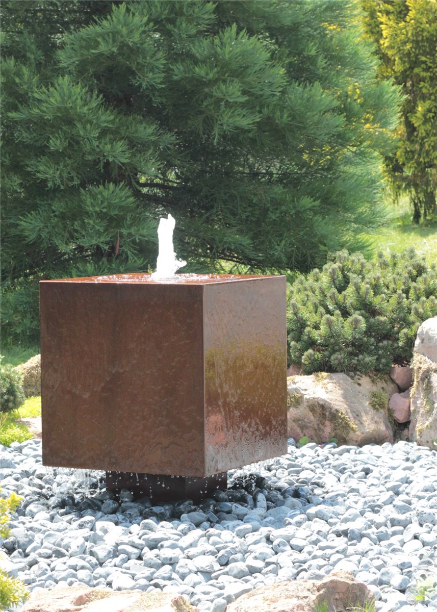 Cortenstahl Würfel 60cm Schwebeoptik Edelrost Gartenbrunnen Springbrunnen Komplettset