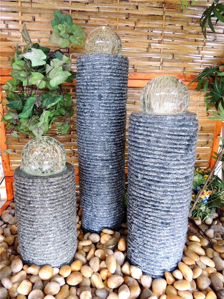 Wasserspiel SET 3er Säulen Ninda 80cm Granit Gartenbrunnen inkl. Pumpe Becken