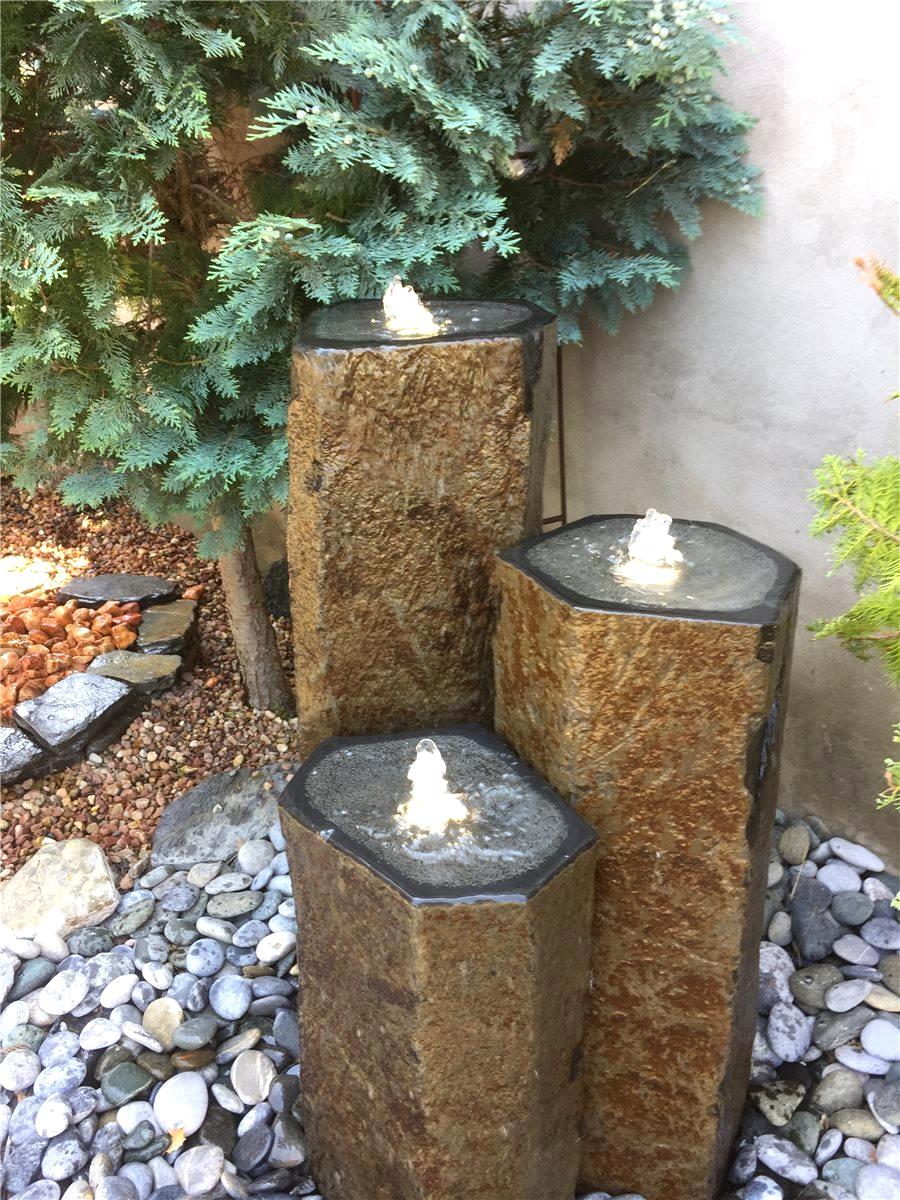 Quellstein Basalt Säulen Trio 100cm mit Quellschalen Gartenbrunnen Springbrunnen
