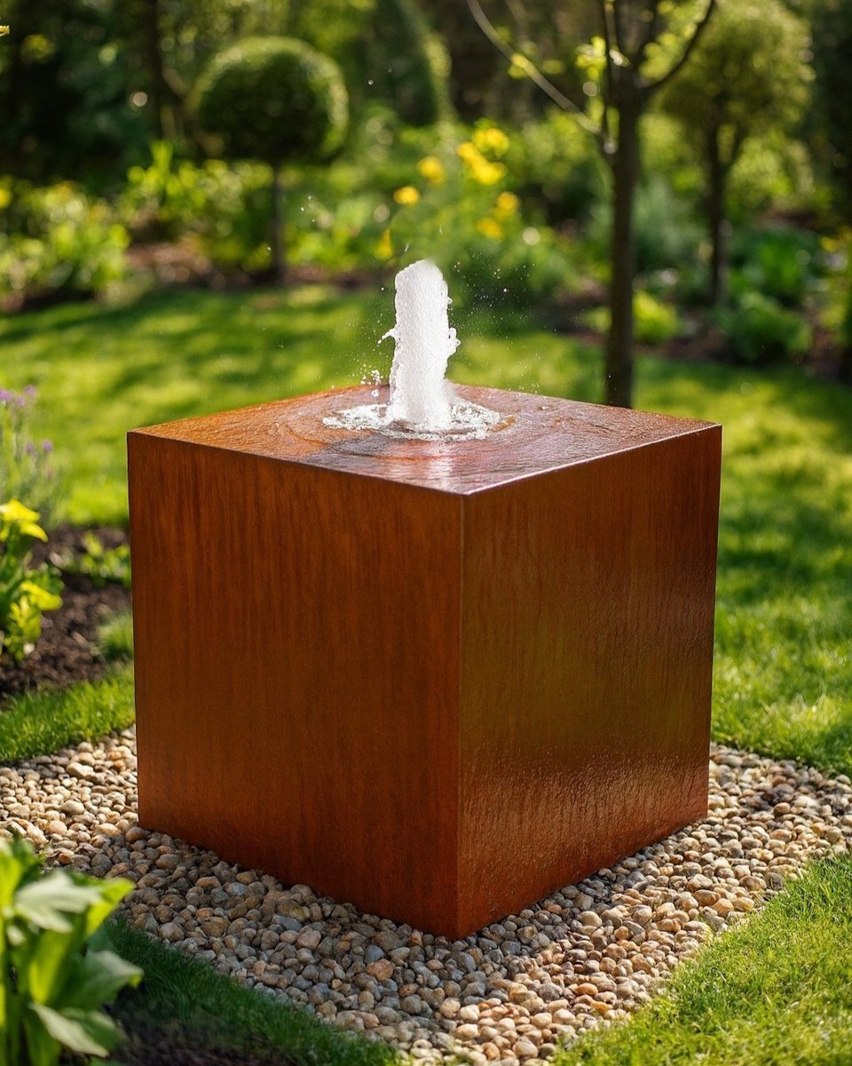 Cortenstahl Würfel 80 mit Fontäne Edelrost Gartenbrunnen Springbrunnen Komplettset