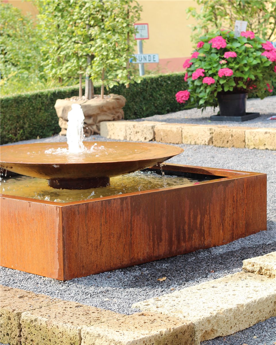 Cortenstahl Wasserschale 120 mit Fontäne Edelrost Springbrunnen Gartenbrunnen Komplettset