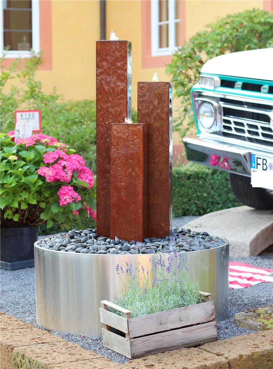 Cordon Säulen Trio 130cm Cortenstahl Gartenbrunnen Springbrunnen Komplettset